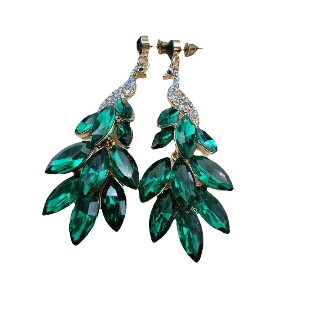 Peacock Drop Earrings Rhinestone Crystal Dangle Chandelier 2.9 inch Green - Picture 1 of 7